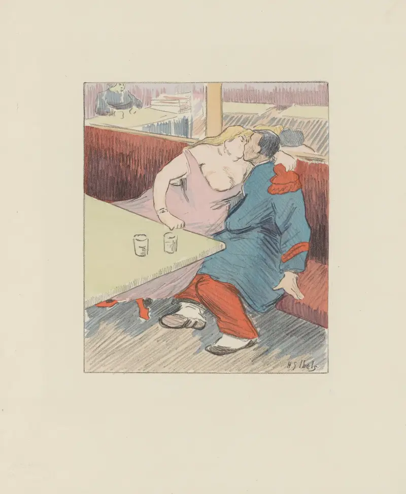 Au bistrot, couple s’embrassant av Henri-Gabriel Ibels