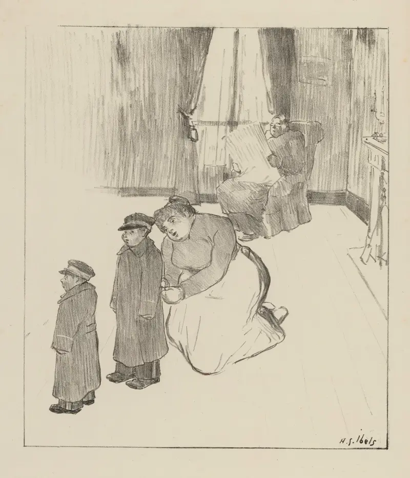 Interieur mit Zeitung lesendem Mann und kniender Frau neben zwei Jungen von Henri-Gabriel Ibels