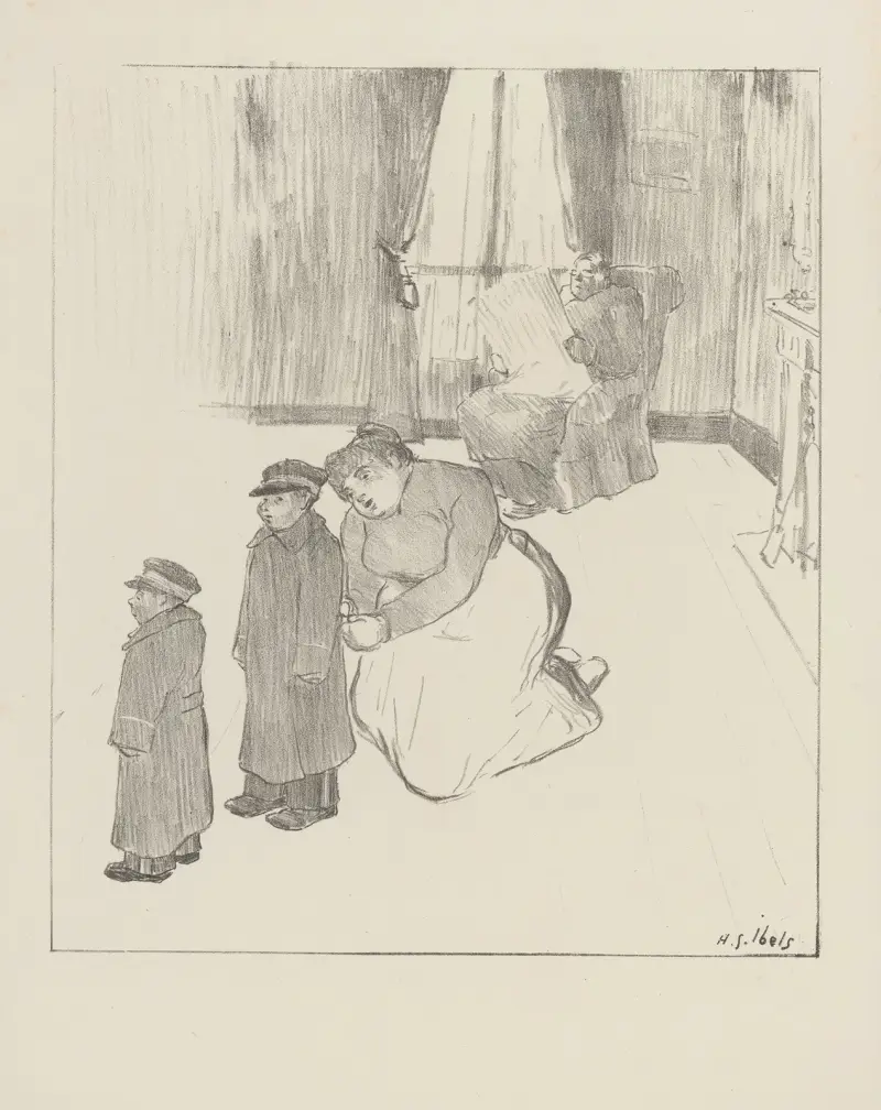Intérieur avec homme lisant son journal, femme agenouillée auprès de deux garçonnets av Henri-Gabriel Ibels