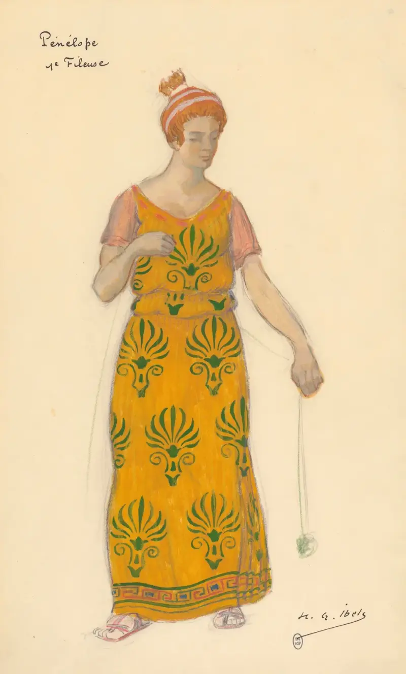 Pénélope – kostymskiss – Mélanthe, första spinnerskan (Lucy Vuillemin) av Henri-Gabriel Ibels