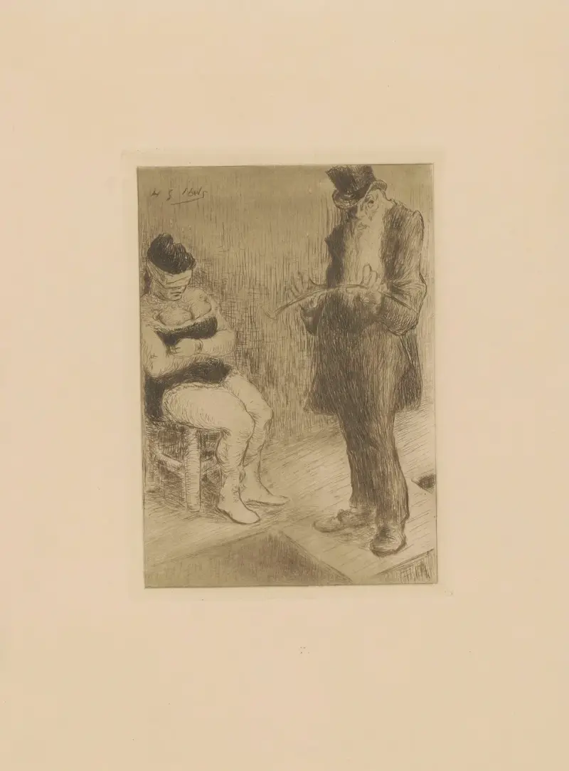 Schauspiel – Frau mit verbundenen Augen und Mann mit Zylinder und Stock von Henri-Gabriel Ibels