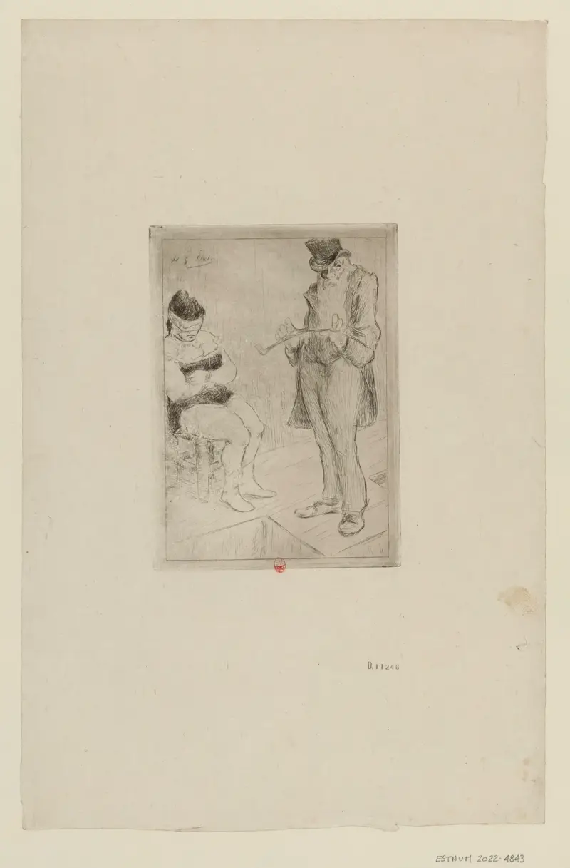 Schauspiel – Frau mit verbundenen Augen und Mann im Zylinder mit Stock von Henri-Gabriel Ibels