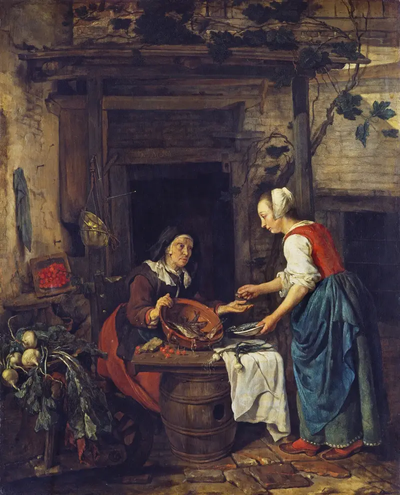 An Old Woman Selling Fish av Gabriel Metsu