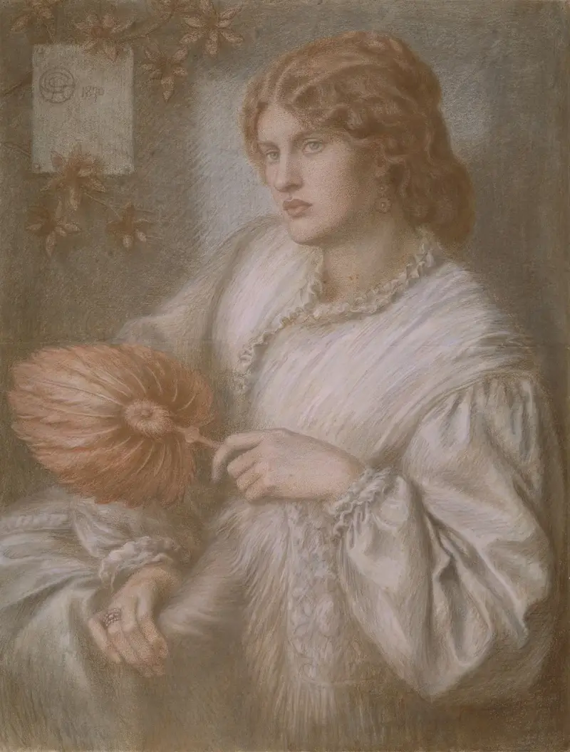 Portrait of woman with a fan av Dante Gabriel Rossetti