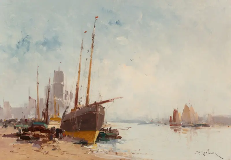 Båtar i hamn av Eugène Galien-Laloue