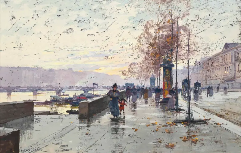 Figures at the Quai de Louvre, Paris av Eugène Galien-Laloue