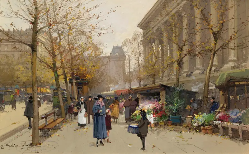 Blomstermarknad, La Madeleine av Eugène Galien-Laloue