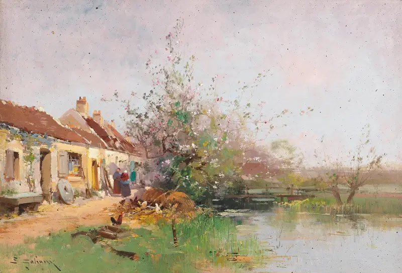 Vårdag vid bäckstranden av Eugène Galien-Laloue