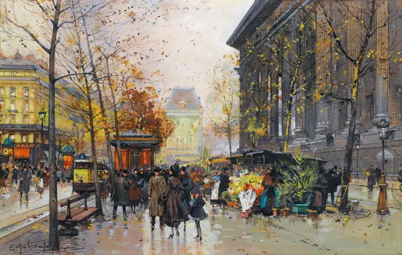 Le Marché Aux Fleurs, La Madeleine av Eugène Galien-Laloue