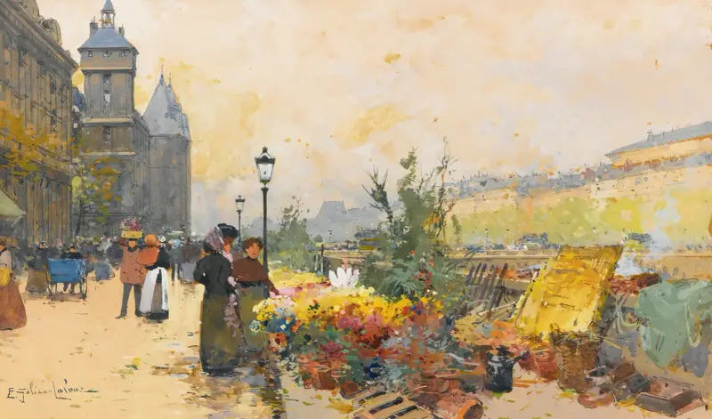 Blomstermarknaden vid Cité av Eugène Galien-Laloue