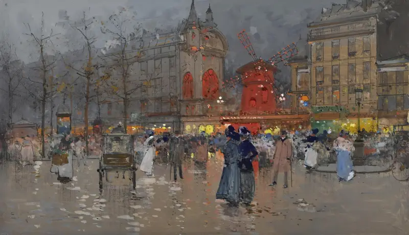 Le Moulin Rouge, Paris av Eugène Galien-Laloue