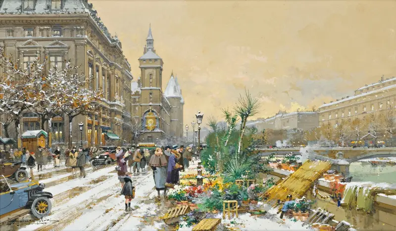 Blomsterkajen och Conciergerie av Eugène Galien-Laloue