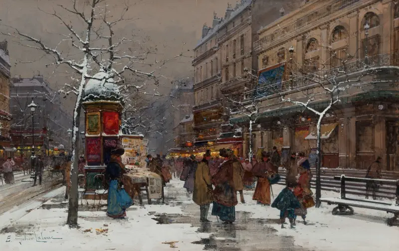 Paris, boulevard en vinter av Eugène Galien-Laloue