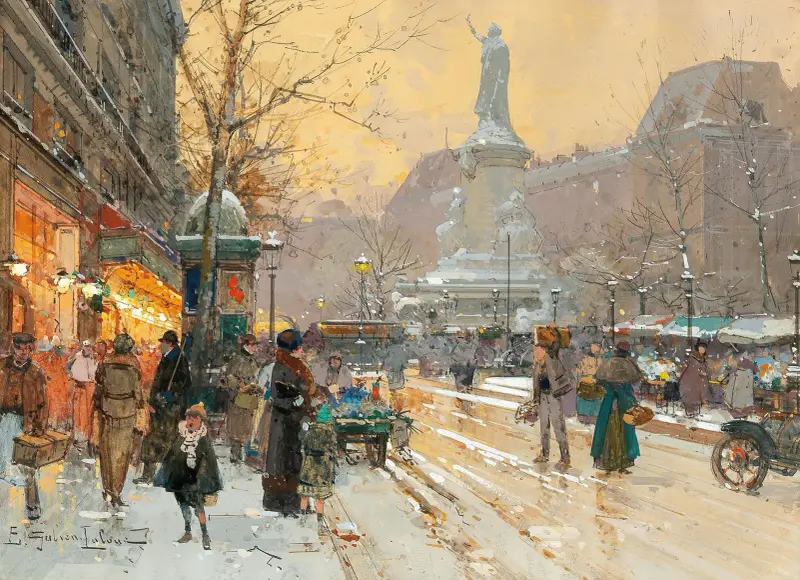Paris, Place de la République in the rain, av Eugène Galien-Laloue