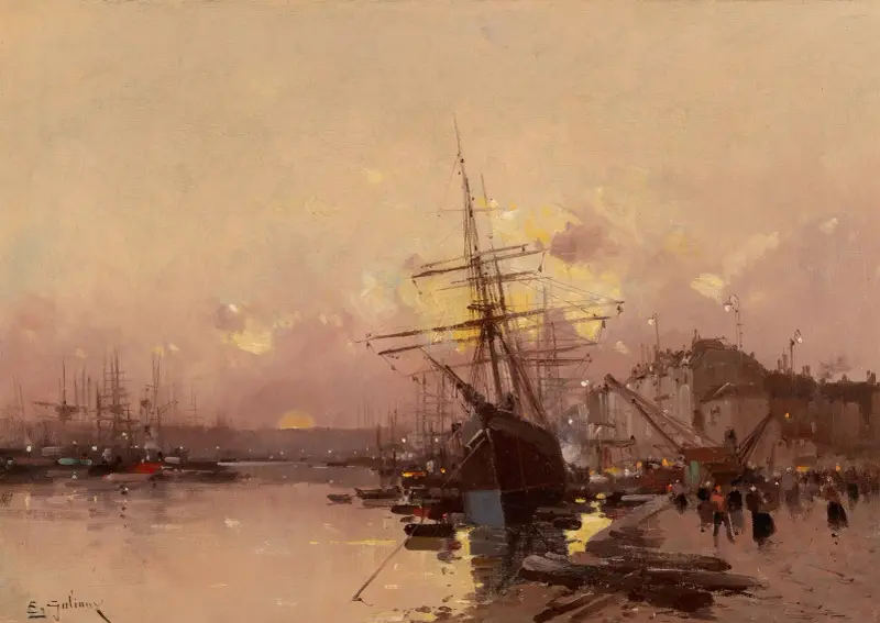 Port Breton i skymningen av Eugène Galien-Laloue
