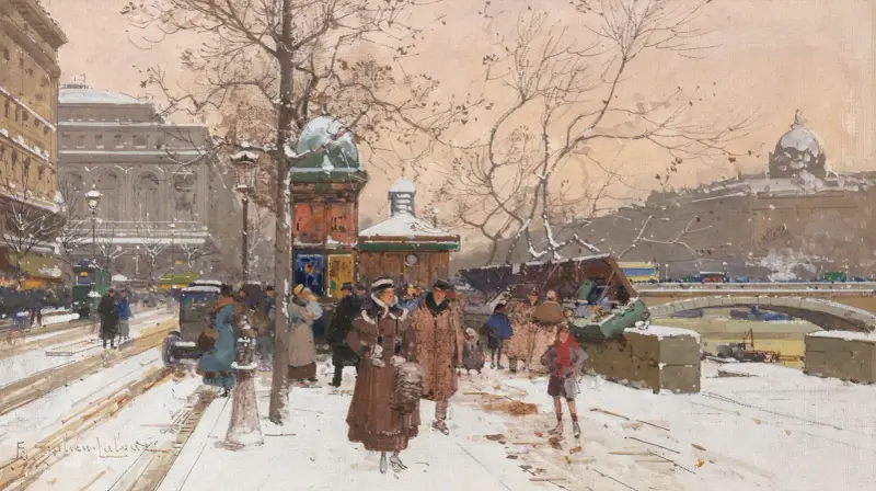 Kajen vid Mégisserie i snö av Eugène Galien-Laloue
