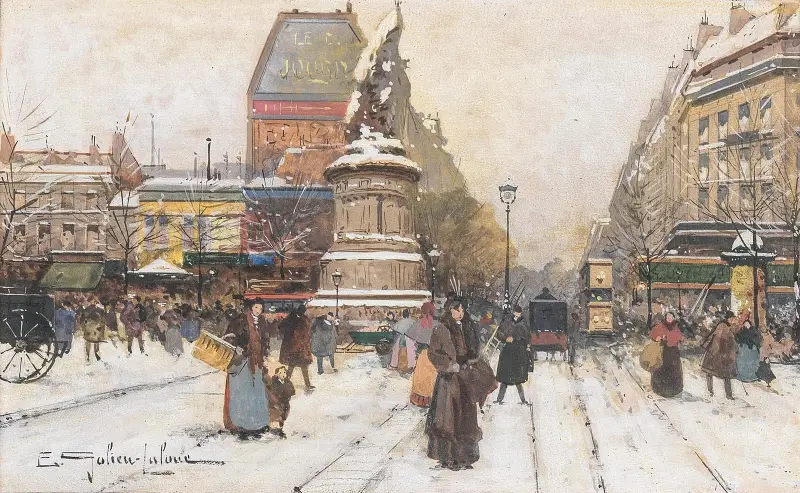 Place de Clichy i snö, Paris av Eugène Galien-Laloue