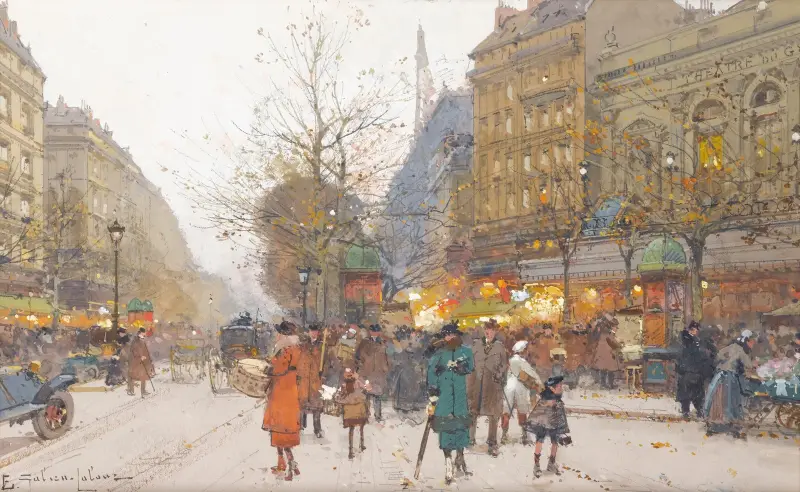 Theatre Du Gymnase, Boulevard De Bonne-Nouvelle av Eugène Galien-Laloue
