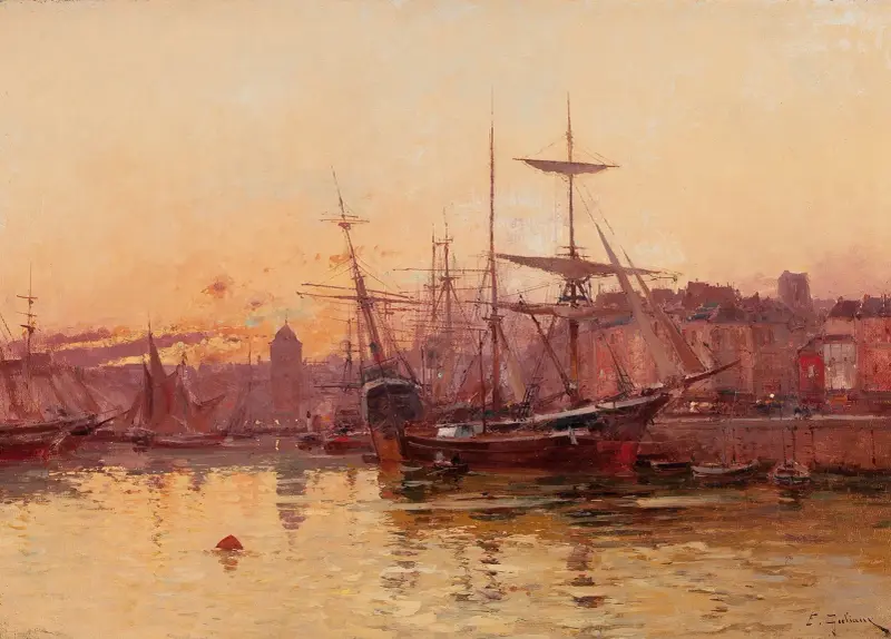 Segelbåtar vid kaj i Normandie av Eugène Galien-Laloue