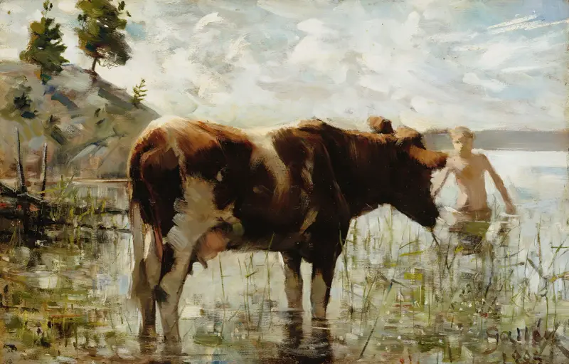 Cow And Boy, 1885 av Akseli Gallen-Kallela