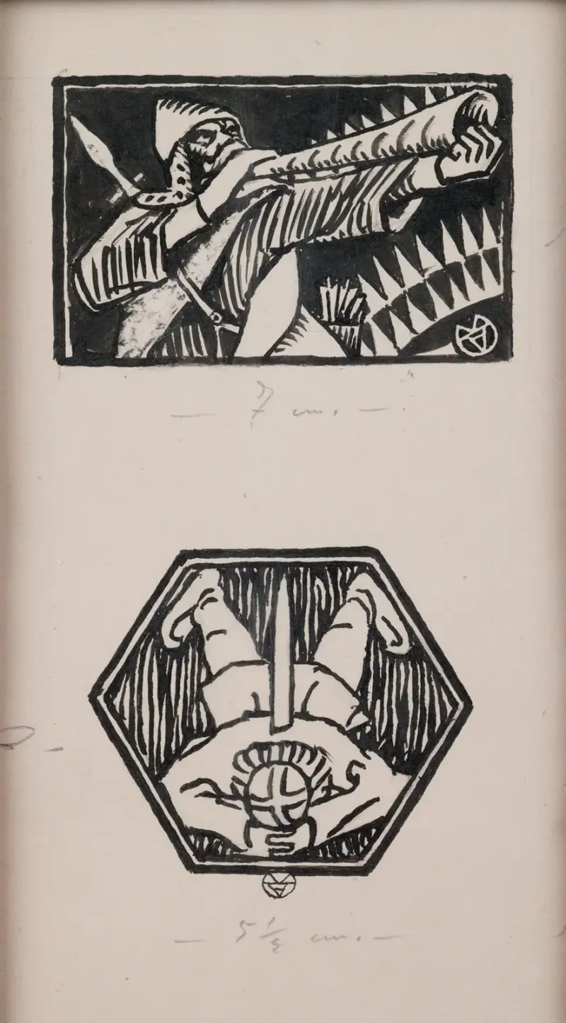 Koru-Kalevala, das illustrierte Kalevala; Gesang XXXVI, einleitende Vignette (nicht die endgültige Version), Schlussvignette. von Akseli Gallen-Kallela