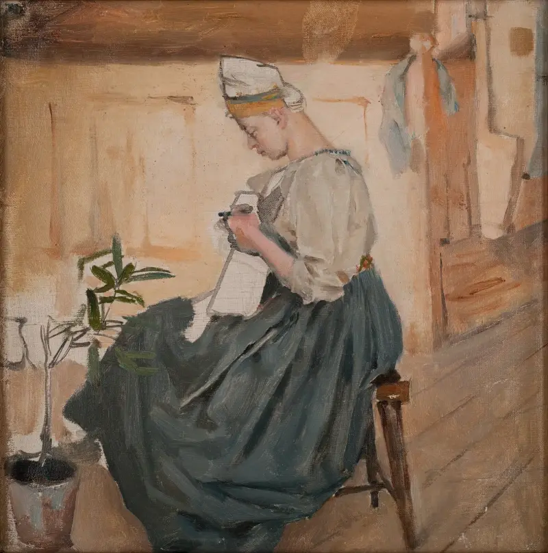 Mary Gallen sewing in a Carelian home av Akseli Gallen-Kallela