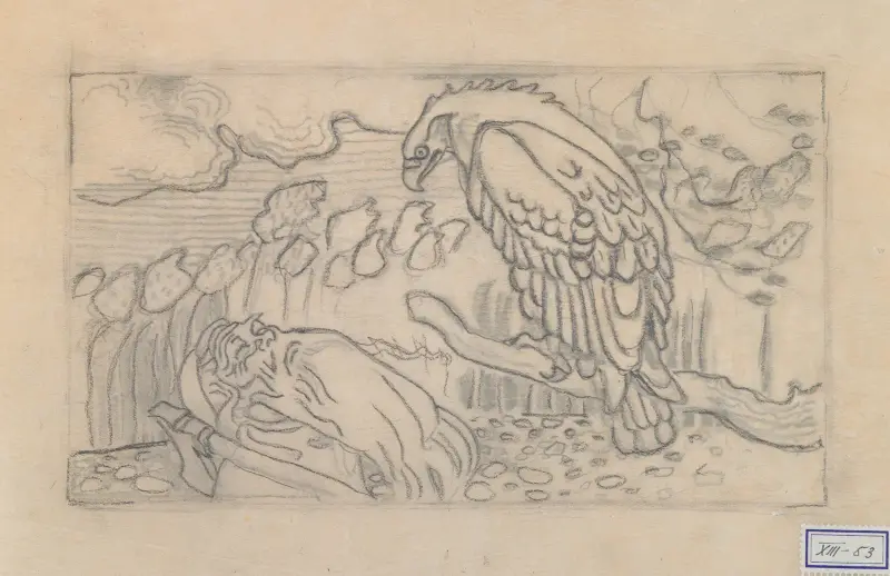 The Great Kalevala, Poem II, sketch. Väinämöinen and eagle ‘Kokkolintu’. av Akseli Gallen-Kallela