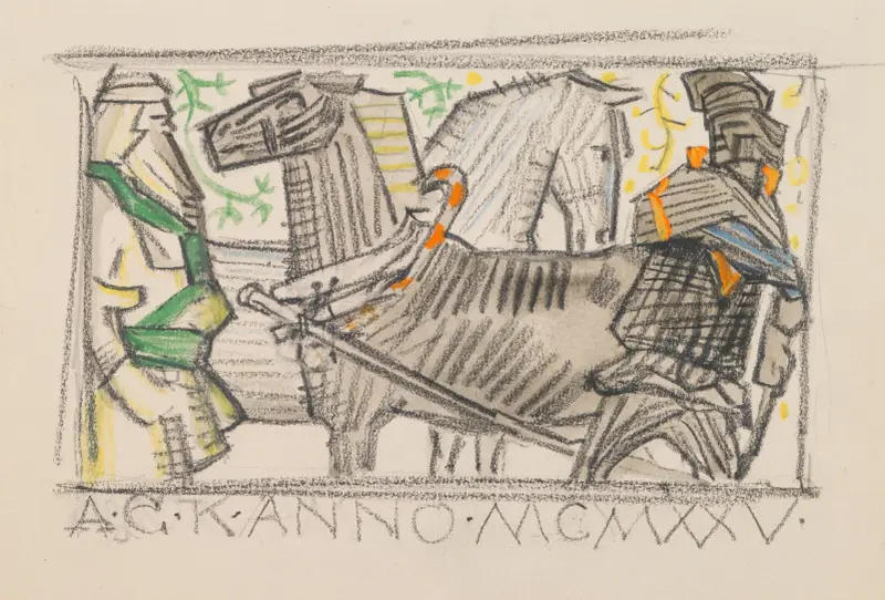 The Great Kalevala, Poem III, sketch, horses and riders meet av Akseli Gallen-Kallela