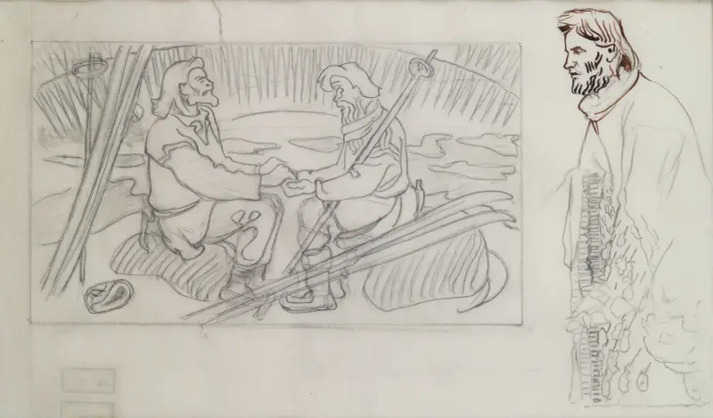 The Great Kalevala; Rune singers. A sketch of the others hands and face. av Akseli Gallen-Kallela