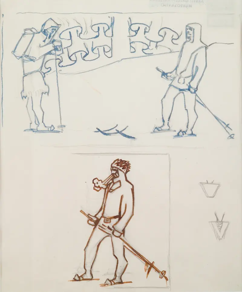 Det stora Kalevala, skiss till sida 1, skidåkare möts. av Akseli Gallen-Kallela