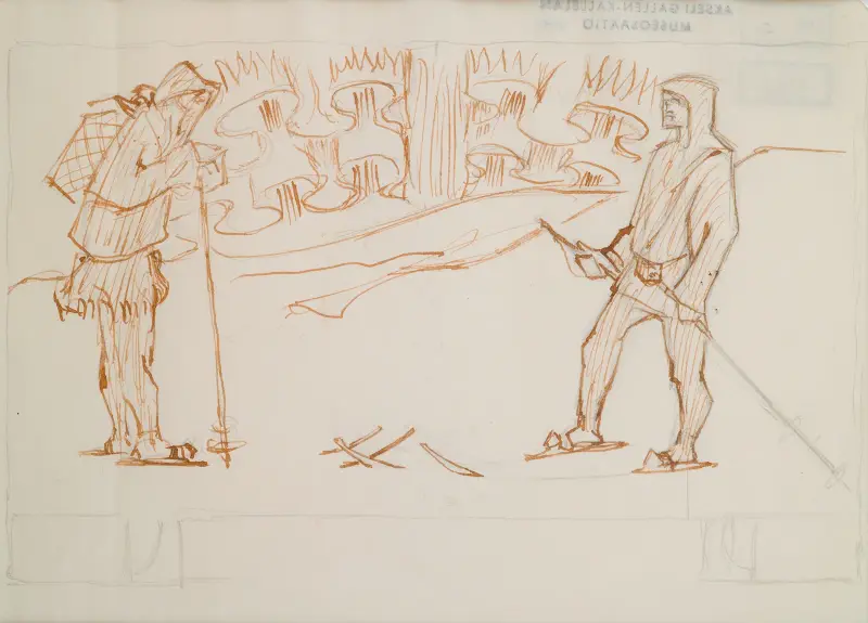 The Great Kalevala, sketch for page 1, skiers meet. av Akseli Gallen-Kallela