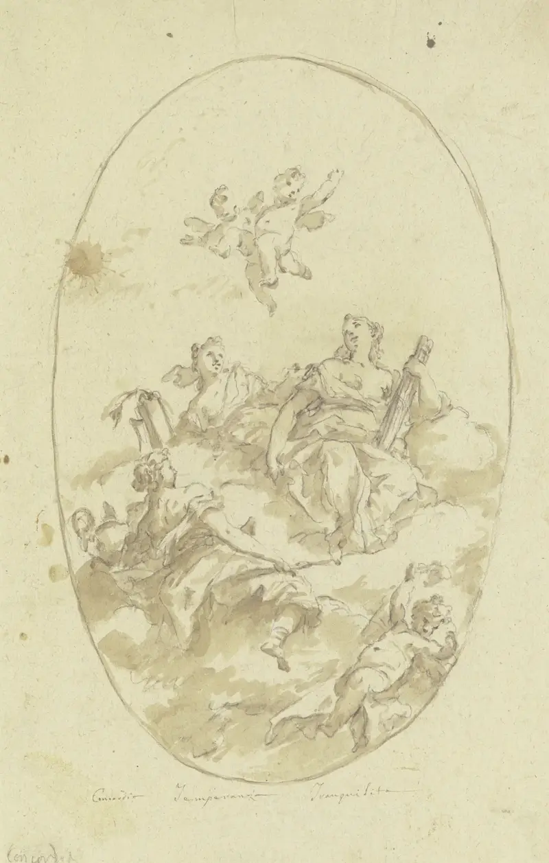 Allegorische Figurengruppe auf Wolken (Concordia, Temperanza und Tranquilità) av Gaspare Diziani