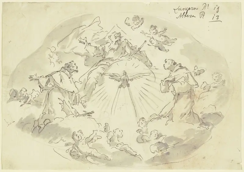 Die Heiligen Franziskus und Antonius vor Gottvater av Gaspare Diziani