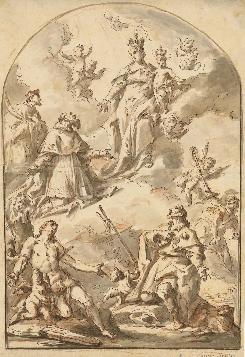 Die gekrönte Madonna mit dem Kind in Herrlichkeit, mit den Heiligen Sebastian, Rochus, Hieronymus und Johannes Nepomuk von Gaspare Diziani
