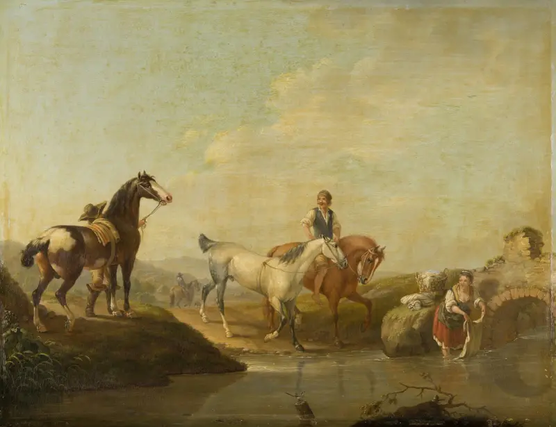A Groom Leading two Horses to the Water av Johann Georg Pforr