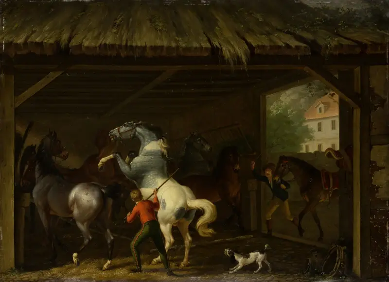 Rykande häst i stallet av Johann Georg Pforr