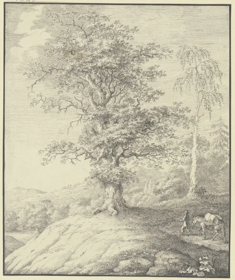 Ek och björk på en höjd, från höger leder en man en packad häst av Johann Georg Pforr