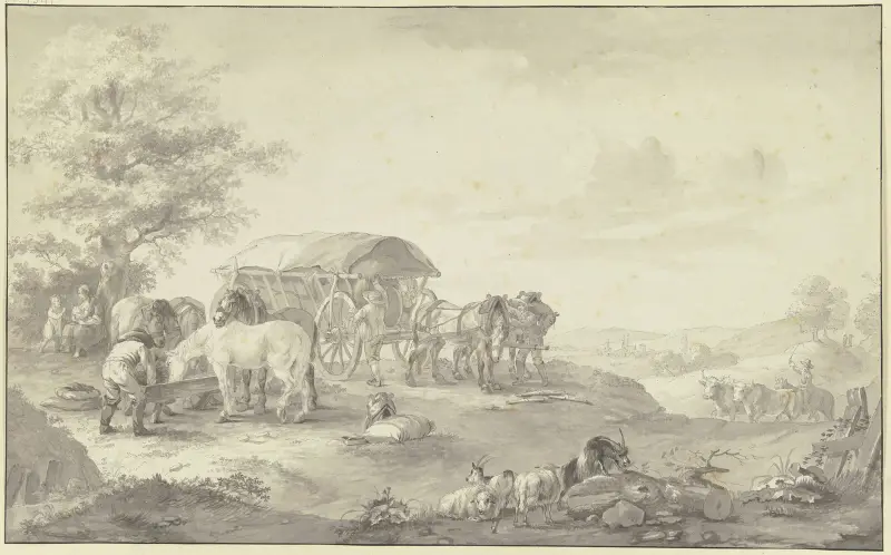 Ein mit Säcken beladener Lastwagen auf dem Feld unter einem Baum av Johann Georg Pforr