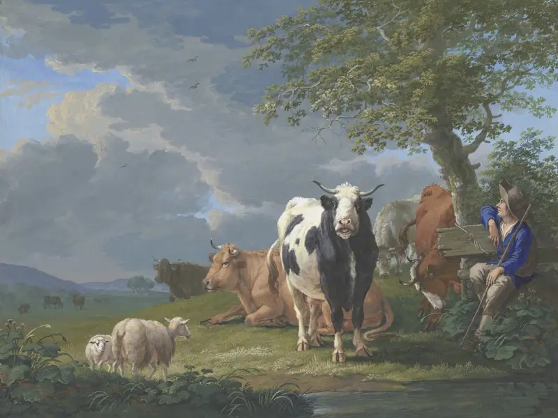 Herde under ett träd med sin nötboskap och två får av Johann Georg Pforr