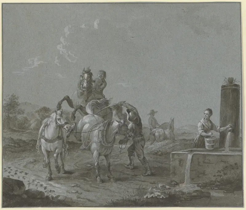 Knabe auf einem sich bäumenden Pferd, davor ein Knecht mit zwei Pferden, rechts eine junge Frau mit einem Eimer am Brunnen av Johann Georg Pforr