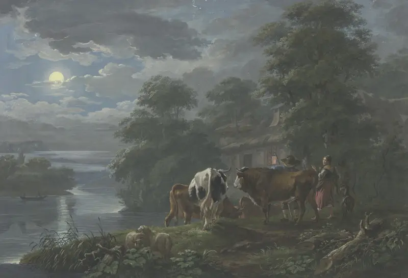 Mondscheinlandschaft an einem Fluß, Hirte und Hirtin treiben das Vieh zum Hof av Johann Georg Pforr
