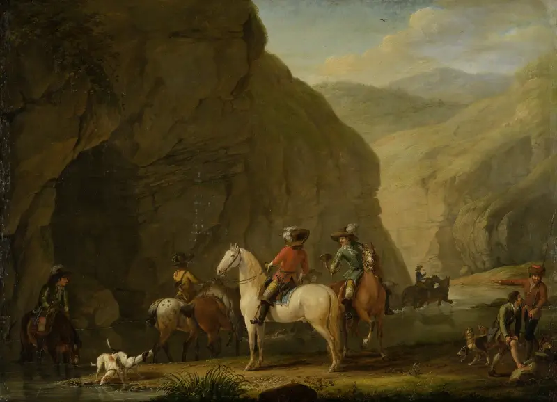 Bergslandskap med jaktfölje av Johann Georg Pforr