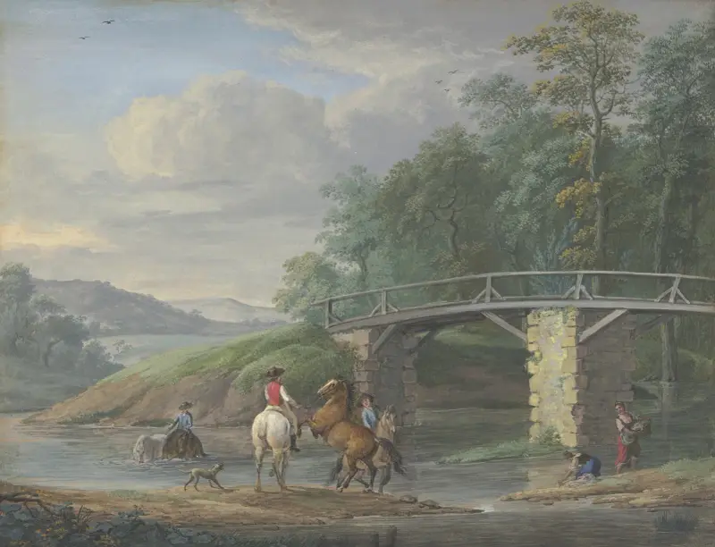 Pferde in der Schwemme bei einer Brücke, rechts zwei Wäscherinnen av Johann Georg Pforr