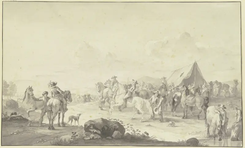 Pferdemarkt mit einem Marketenderzelt, im Vordergrund wird ein Pferd getränkt av Johann Georg Pforr