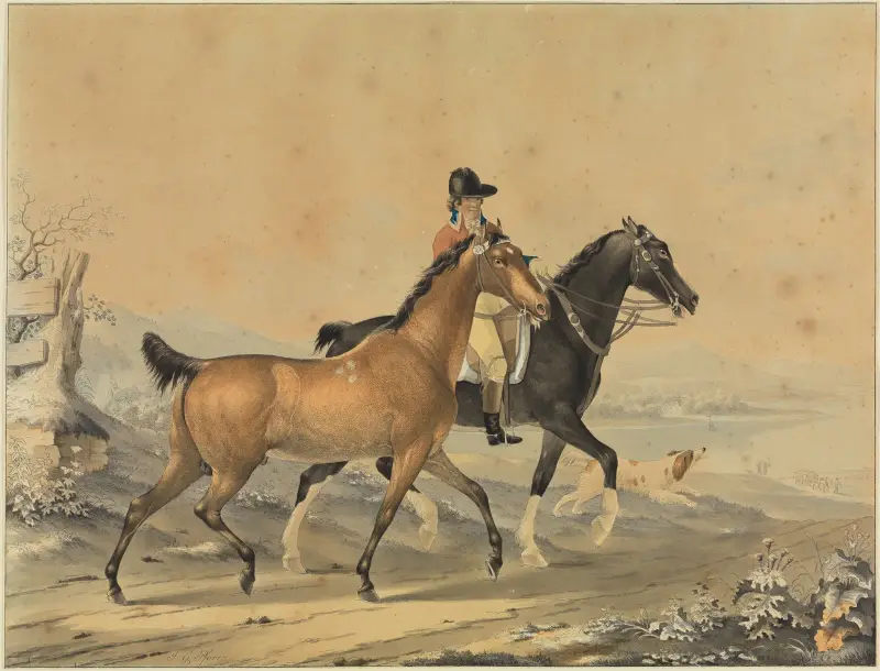 Ryttare med två hästar och hund av Johann Georg Pforr