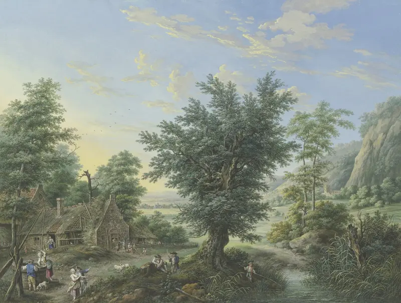Rich landscape with trees, meadows and villages, in the front left a hut with a well and many figures av Johann Georg Pforr