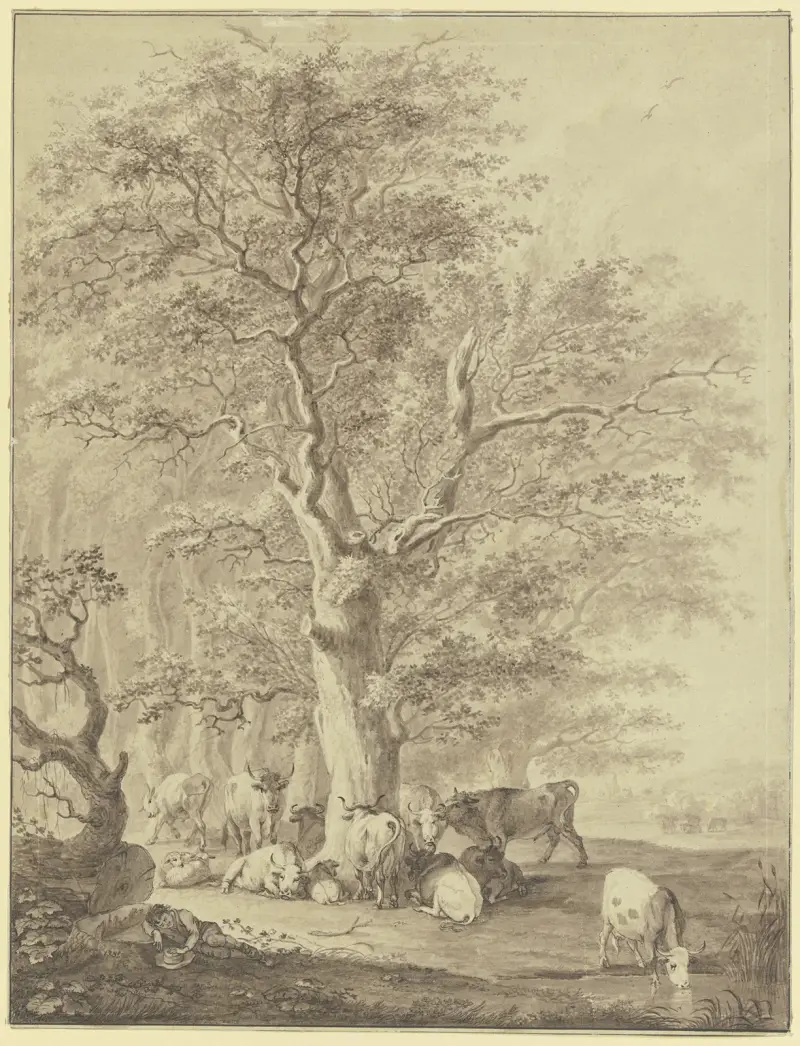 Rinderherde mit zwei Schafen und dem Hirten unter einer Eiche rastend av Johann Georg Pforr