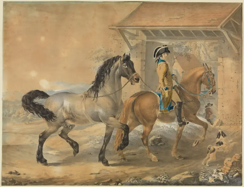 Soldat med två hästar framför gård av Johann Georg Pforr