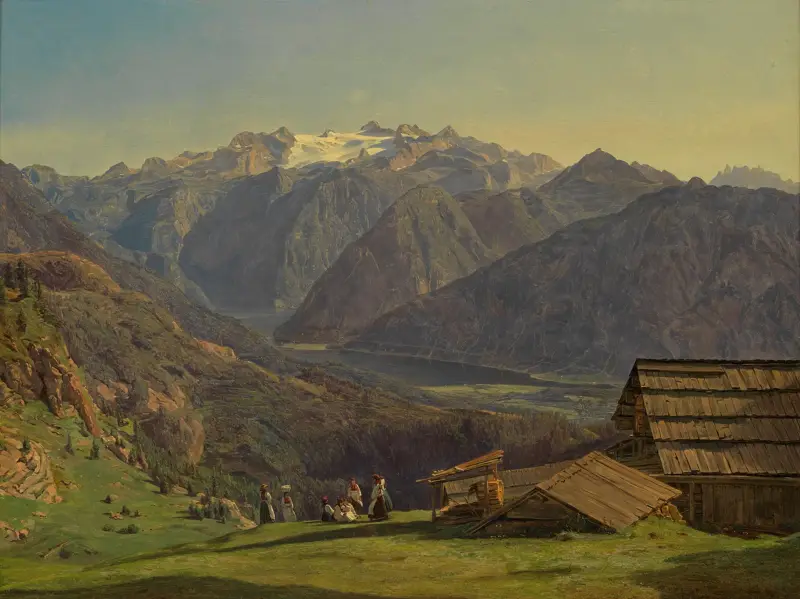 Utsikt över Dachstein med Hallstättersee från Hütteneckalpe vid Ischl av Ferdinand Georg Waldmüller
