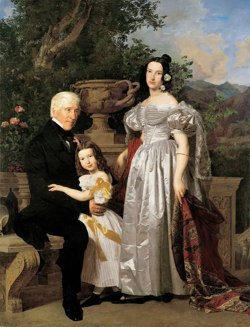 Der fürstlich Esterházy’sche Rat Mathias Kerzmann mit seiner zweiten Gattin Maria Helena, geb. Mikolischütz, und Tochter Maria av Ferdinand Georg Waldmüller